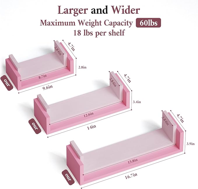 SRIWATANA Floating Shelves Wall Mounted, Solid Wood Wall Shelves, Pink