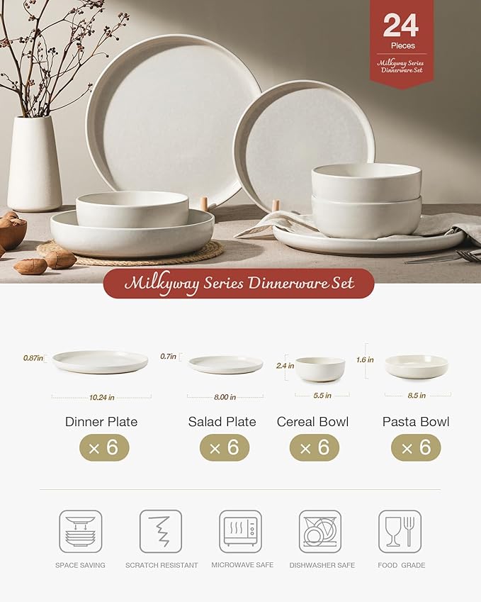 Famiware Milkyway Stoneware Dinnerware Sets with Pasta Bowls, Service for 6 (24 Pieces), Reactive Glaze Plates and Bowls Sets, Microwave and Dishwasher Safe Dishes Set, Matte Beige White