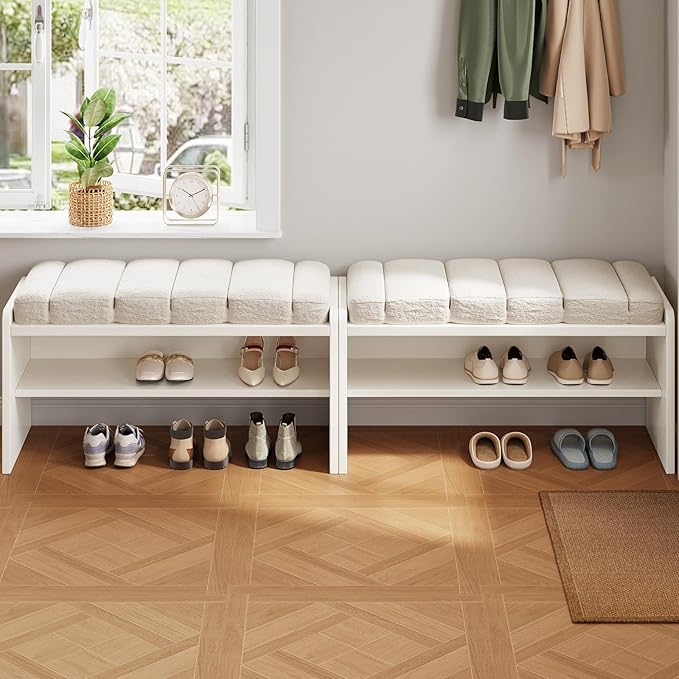 2-Piece Modern Shoe Bench with Storage, Shoe Rack with Cushion Upholstered Fabric Shoes Changing Stool with 2 Tier Storage Space for End of Bed Entryway Bedroom Living Room, Cream White