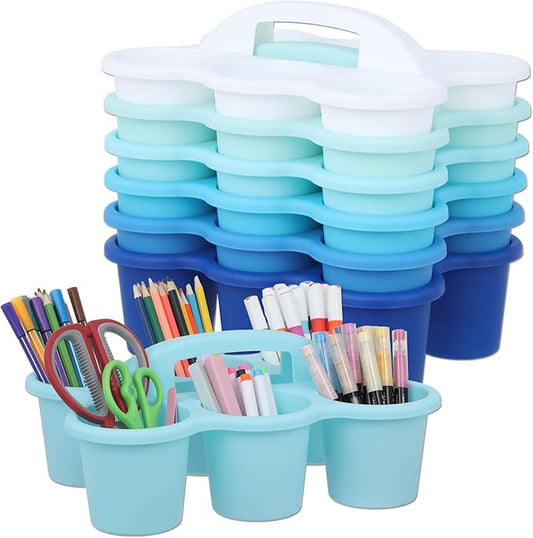 6 Pack Classroom Caddy Organizer with Handle Gradient Blue Plastic Table Caddy Drink Cup Caddies Holder 12x9x3.5 Inches Storage School Supplies 6 Compartments for Table Crayon Pencil Cup Marker Craft