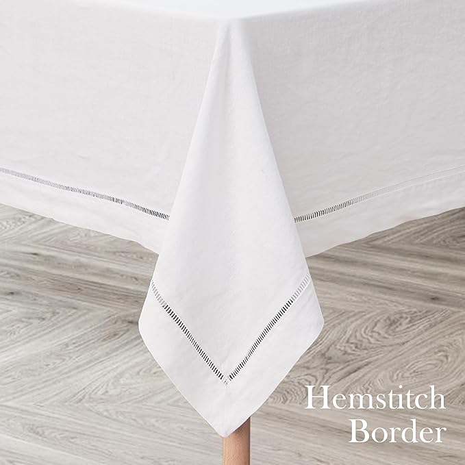 Linen World Hemstitch Linen Tablecloth,French Linen White Tablecloth 120" x 60" Inch,Washable Rectangular Table Cloth for Dining,Outdoor,Weddings and Restaurants,Decorative Thanksgiving Christmas