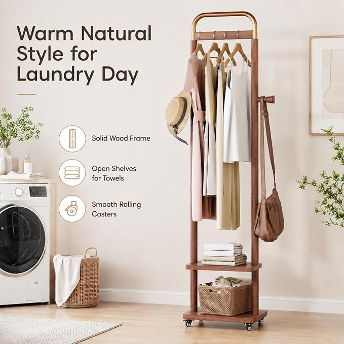 Solid Rubberwood Coat Rack – 71.2" Tall Standing Rack with Locking Wheels, 2-Tier Shelves & Side Hooks, Slim Hall Tree for Entryway or Bedroom (Walnut Brown 15.7" W x 71.2" H)