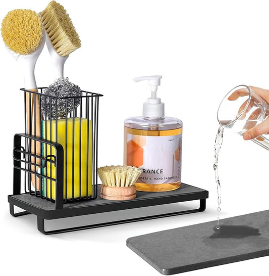 KONE Kitchen Sink Caddy: Sponge Holder for Kitchen Sink Counter with Instant Drying Stone and High Brush Holder, Rustproof Stainless Steel Sponge Holder for Sponges, Scrubbers, Soap (Black)