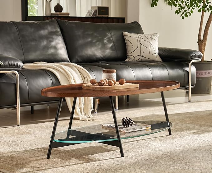 Shrine Glass Coffee Table, Black Walnut Table for Living Room, Glass and Wood Table, 43.3" D x 21.6" W x 15.7" H, Clear Glass Base, Walnut Wood Top&Black Metal Frame