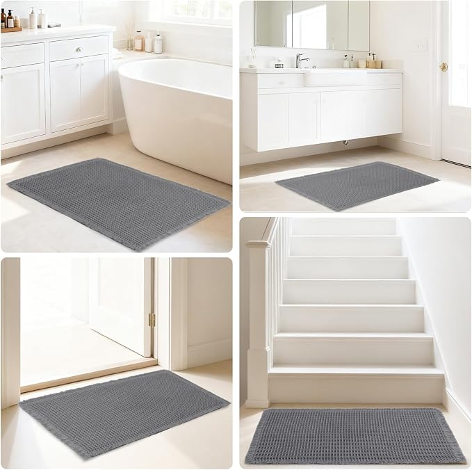 Hiasan Waffle Bath Mat, Super Absorbent Non Slip Bathroom Boho Rug with Tassels, Machine Washable Bath Mats for Bathroom, Ultra Soft Rubber Backed Rug, Dark Grey, 16 x 24 Inches