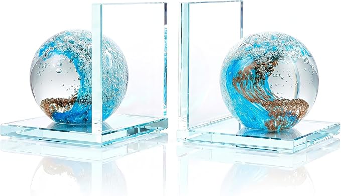 Glass Book Ends Set of 2, L-Shaped Bookends with Sea Wave Ball Design – Non Skid Heavy Duty Decorative Book Stopper for Shelves, Desk, and Home Office
