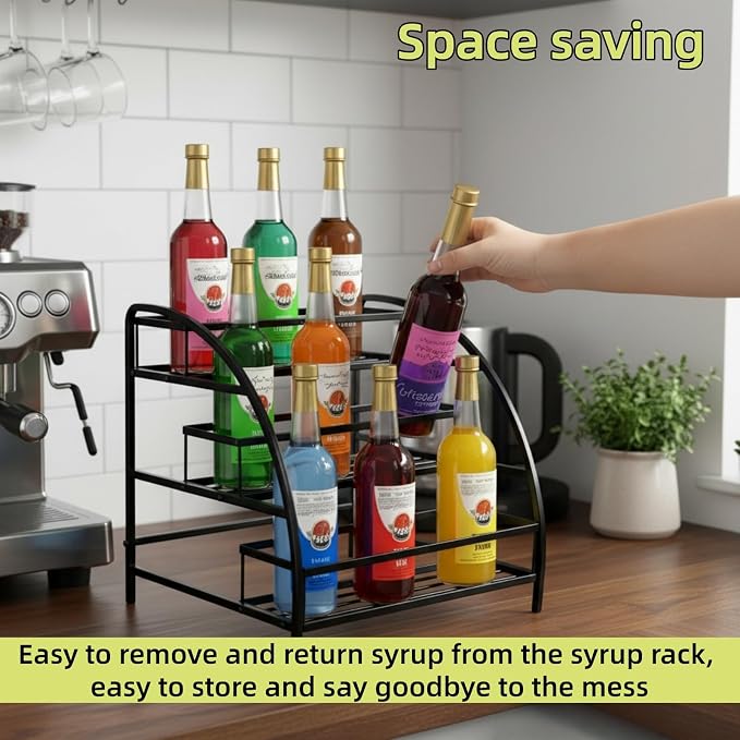 Cididu Coffee Syrup Organizer Rack, 9-12 Bottles Syrup Stand Holder for Countertop, 3 Tier Metal Small Wine Rack, Bottle Storage Shelves for Coffee Bar Station, Kitchen, Spice, Soda, Dressing