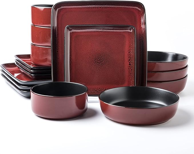 Arora FLACKAR Square Stoneware 16pc Double Bowl Dinnerware Set for 4, Dinner Plates, Side Plates, Cereal Bowls, Pasta Bowls - Reactive Glaze Red (480349)