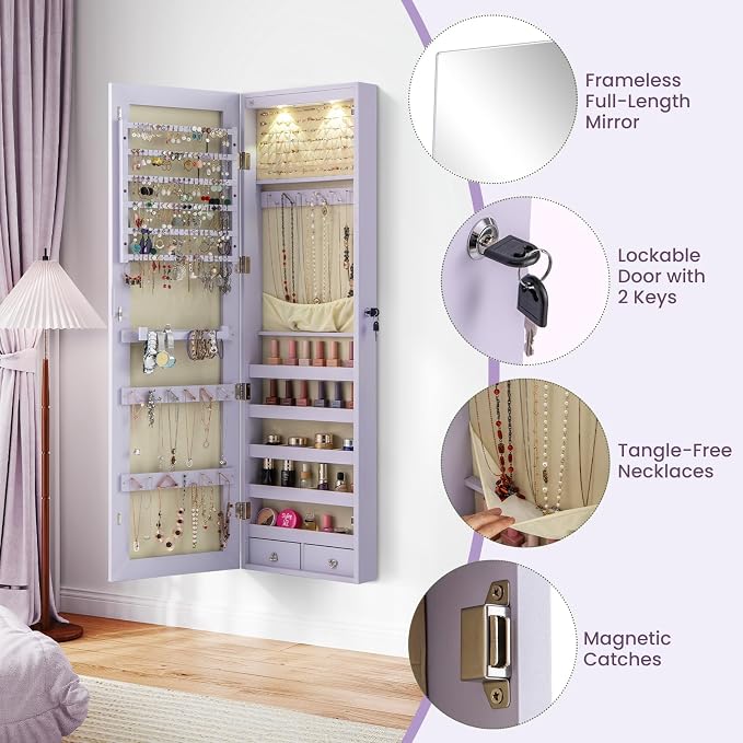Giantex Wall or Door Mounted Jewelry Armoire with 47.5" Full Length Mirror, Lockable Cabinet with 2 LED Lights, 2 Drawers, Over the Door Large Jewelry Storage Organizer (Lavender)