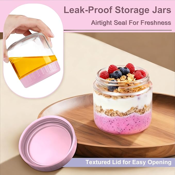 Overnight Oats Containers with Lids, 10oz Wide Mouth Mason Jars with Lids, 9 Pack Glass Jars with Airtight lid for Chia Pudding Yogurt Salad, Meal Prer Oatmeal Jars, Pink