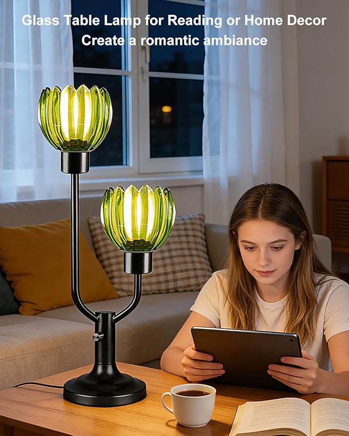 Lightdot Mid Century Modern Glass Green Table Lamp Black Dimmable Desk Lamps with Lotus Glass Shades 2 Bulbs Included 3000K Warmwhite Bedside Nightstand Ambiance Lamp for Living Room Bedroom