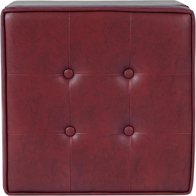 HomePop Leatherette Tufted Square Storage Ottoman with Hinged Lid, Red