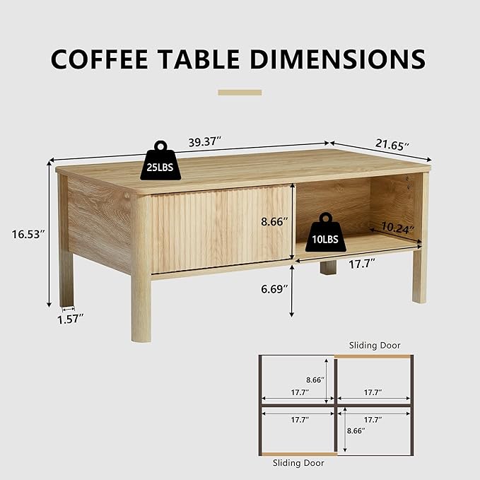 Rectangle Fluted Coffee Table with Storage and Sliding Drawers, Light Wood Coffee Table, Mid Century Modern Cofee Table Boho Style, Low for Living Room/Bedroom/Office (Natural)