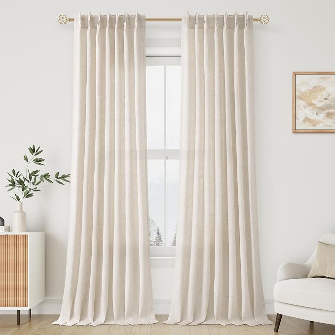 Aersas Natural Cream Pinch Pleated Linen Curtains 100 Inches Long for Living Room Bedroom Pinch Pleat with Hooks for Track Back Tab Boho Farmhouse Semi Sheer 100 Inch Curtain for Dining Room