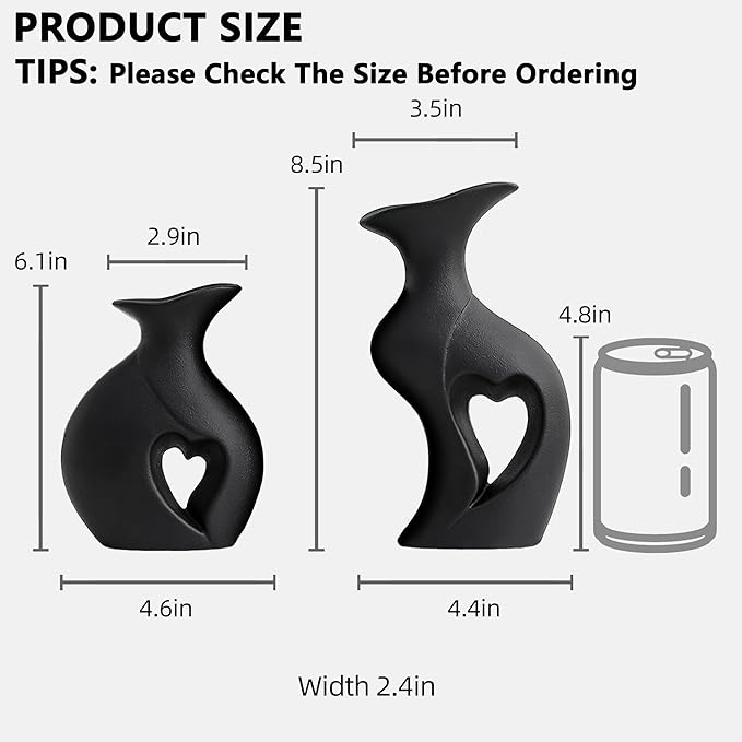 Black Ceramic Vase Set of 2,Filled with Love,Modern Minimalist Bohemian Vases Home Decor，Heart Shape Matte Ceramic Vases for Dinner Table Bookshelf Modern Home Console