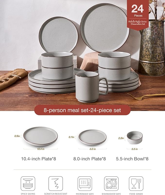 Famiware Nebula Ridge Stoneware Dinnerware Sets for 8, 24 Pieces Plates and Bowls Sets, Dishes Set, Microwave and Dishwasher Safe Kitchen Plates, Light Gray