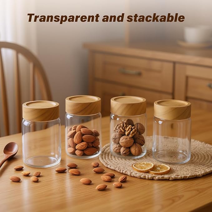6-Pack 8 fl oz Stackable Airtight Glass Jars (with Acacia Wood Lids + Sticker Labels) – Small Mason Jars designed for overnight oats, spices, dry goods, and kitchen organization.