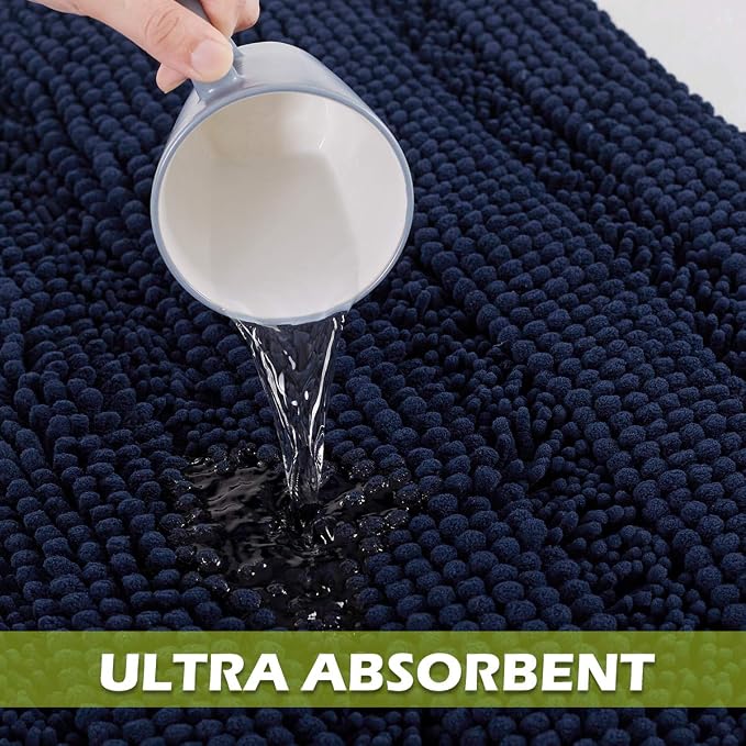 KGORGE Navy Blue Bath Mat - Quick Drying Chenile 47" x 17" Bathroom Rugs Thick Shaggy Floor Cover Water Absorbent Shower Carpet for Toilet Door Way Kitchen, 1 Pc