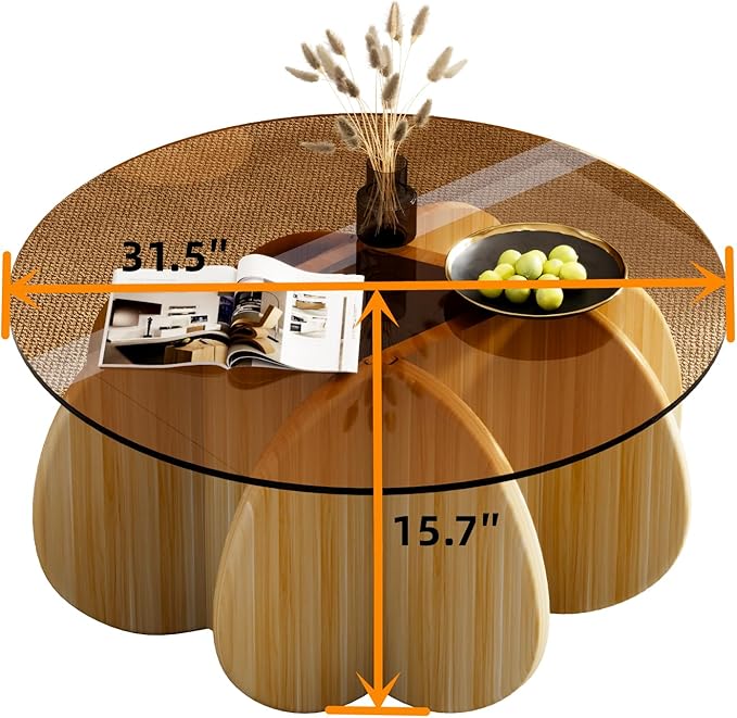 31.5'' Round Coffee Table with Tempered Glass Top, Modern Center Table for Small Spaces - Sturdy Walnut Board Frame, Simple Design for Living Room, Home, Office - Easy Assembly. (Walnut + Brown)