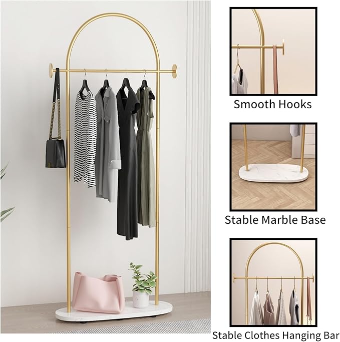 Gold Clothing Rack with Marble Base, Modern Gold Coat Racks Freestanding with 2 Hooks, Heavy Duty Clothes Rack, Coat Rack Stand for Entryway, Bedroom, Living Room, Boutiques