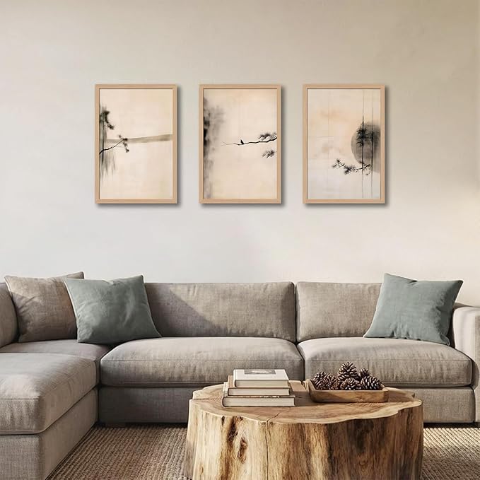 skysoon Minimalist Zen Wall Art Set of 3, Abstract Ink Landscape Canvas Prints, Neutral Pine Tree and Bird Artwork, Modern Japanese Scandinavian Wall Decor for Living Room Bedroom Office 12x16 Inch