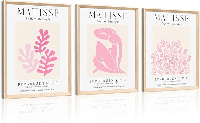 Framed Matisse Pink Canvas Wall Art,Abstract Matisse Canvas Wall Decor,16x12IN High Framed Wood Design Prints,Minimalist Wood Frame Posters for Living Room,Bedroom,Bathroom Set of 3