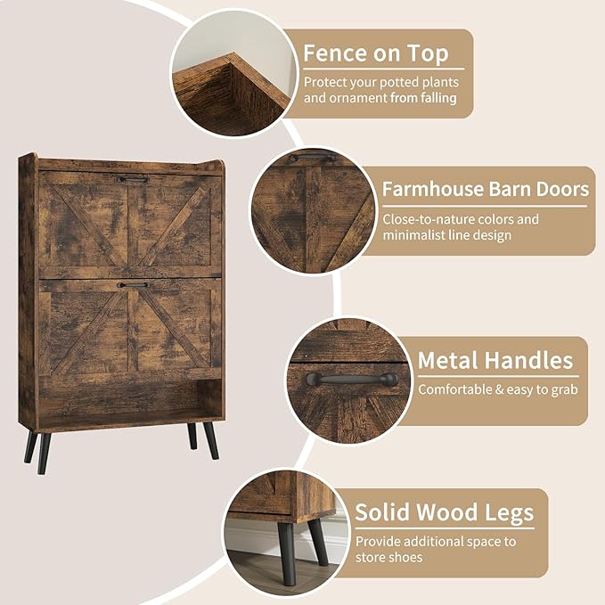 Shoe Cabinet Storage with 2 Flip Drawers, Hidden Shoe Cabinet for Entryway Slim, Farmhouse Shoe Organizer with Wood Legs, Narrow Shoe Rack Cabinet, Rustic Brown
