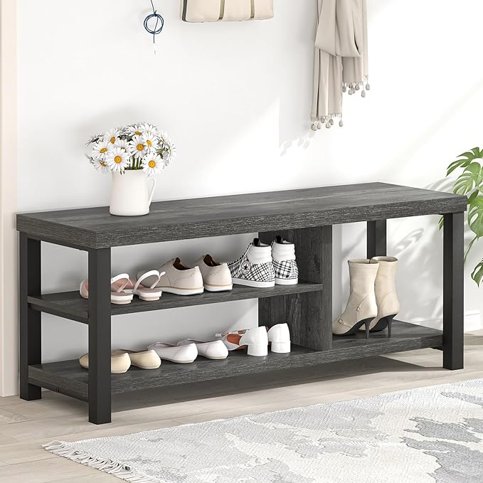 EXCEFUR Industrial Entryway Bench, Rustic Indoor Shoe Boot Storage Bench Seat for Living Room, Grey