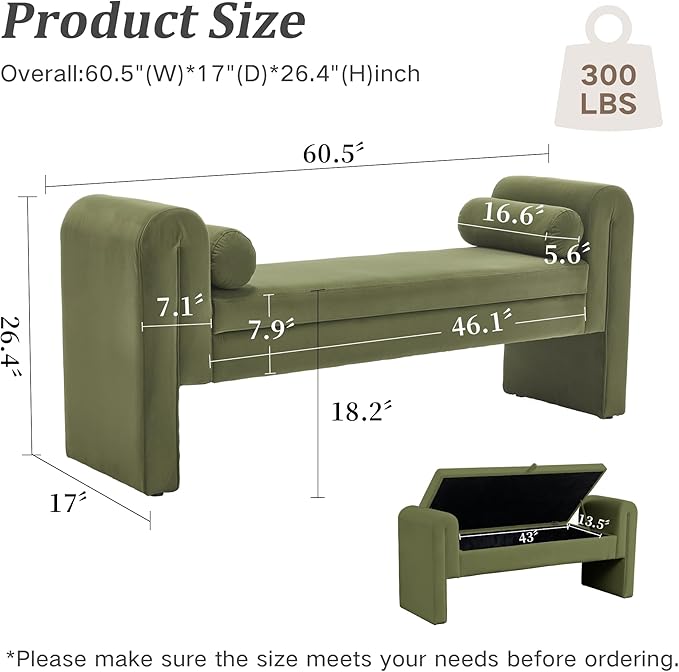 Velvet Storage Bench for Bedroom End of Bed, 60.5- inch Upholstered Button Tufted Ottoman Bench with Rolled Arms, Button-Tufted Ottoman for Living Room, Entryway (Green)