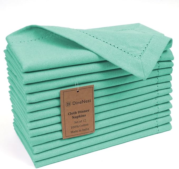Hemstitch Dinner Napkins 100% Cotton Set of 12 - for Dining Weddings Parties Holidays Easter Everyday Use - Soft Durable Washable Table Napkins - 18x18 Inch Cloth Napkins Turquoise Blue