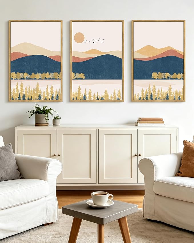 KUVIOKE Bohemain Mountain Landscape Framed Canvas Wall Art Watercolor Nature Artwork Painting Boho Farmhouse Rustic Room Decor for Bedroom Living Room 24x36in (Natural Framed)
