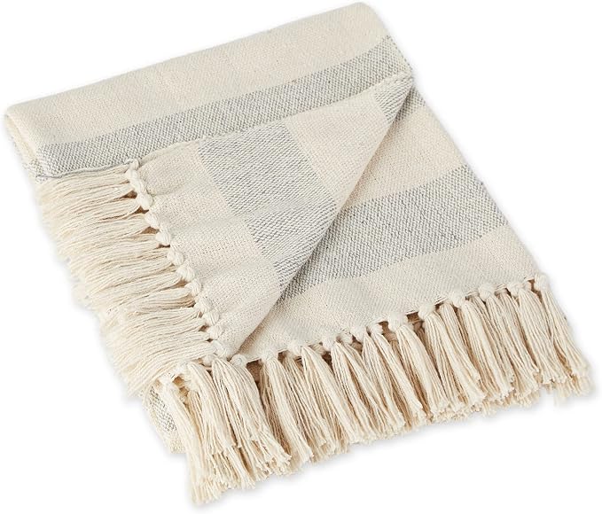 DII Rustic Farmhouse Cotton Cabana Striped Blanket Throw with Fringe, 50 x 60 - Cabana Striped Gray & Off-White