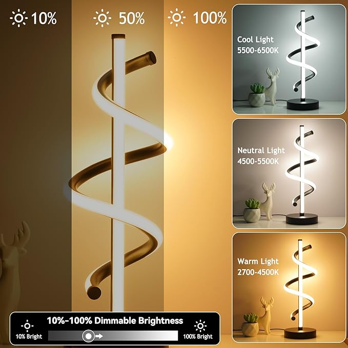 NUÜR LED Table Lamp Black, Diamond Bright Effect, Dimmable, Metallic Bedside Lamp with 3 Colour Temperature, Décor Lamp for Living Room, Bedroom, Office (Black Spiral Table Lamp)