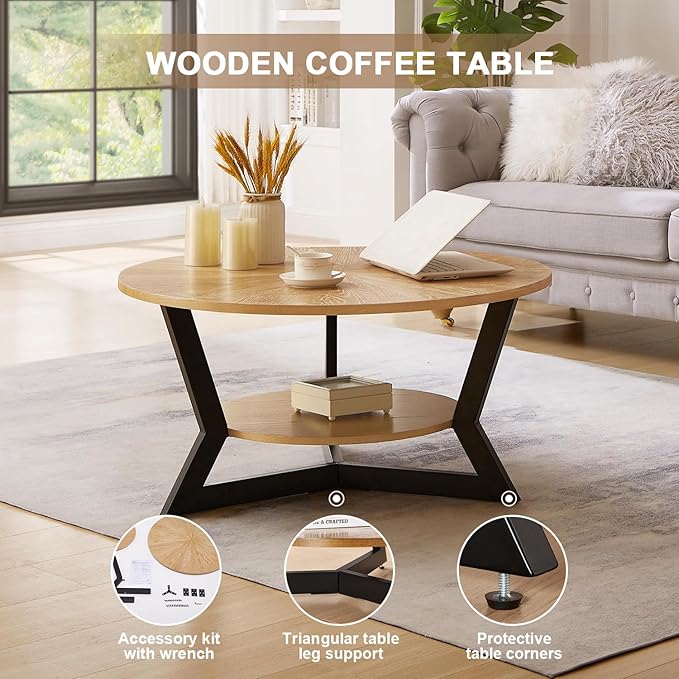 Round Coffee Table, Wood Circle Coffee Table with 2-Tier Storage, Center Table for Living Room Bedroom Office Apartment, Easy Assembly, 35'x 18'Inches, Light Brown
