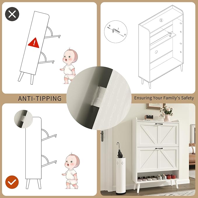 Shoe Cabinet with 2 Flip Drawers, Freestanding Shoe Storage Cabinet for Entryway, Farmhouse Shoe Organizer Cabinets with Wood Legs, Narrow Shoes Rack Cabinet, White