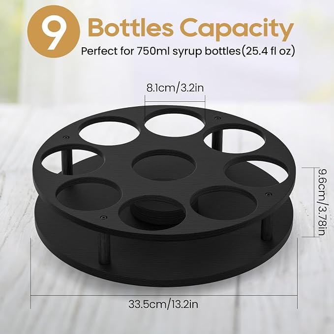 THYGIFTREE Rotating Coffee Syrup Organizer for Countertop, 9-Bottle Wooden Syrup Rack & Bottle Holder for Coffee Bar Station, Turntable Display Stand, Black