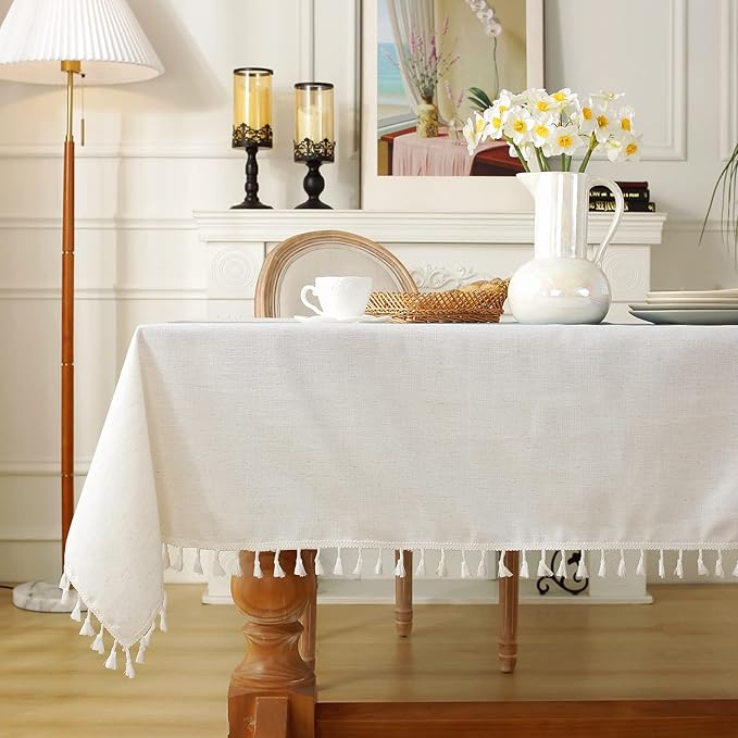 Laolitou Tablecloth for Dining Table Rustic Farmhouse Kitchen Tables Cloth Coffee Tablecover, Cotton Linen Fabric Small Rectangle Table Cloths, Beige, Blue Stripe, 55x55 Inch