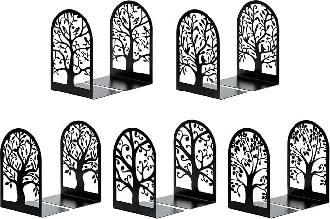 HappyHapi Book Ends, Metal Bookends for Shelves, Modern Tree Book Ends Decorative, Heavy Duty Book Holders Book Stoppers for Home Office Decor, 6.9"x4.7"x3.5" (5 Pairs/10 Pcs)