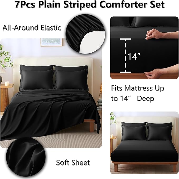 CozyLux Full Size Comforter Sets - 7 Piece Bed in a Bag Black Comforter Set with Sheets Luxury Bed Set All Seasons, Soft Bedding Set with Down Alternative Comforter, Sheets, Pillowcases & Shams
