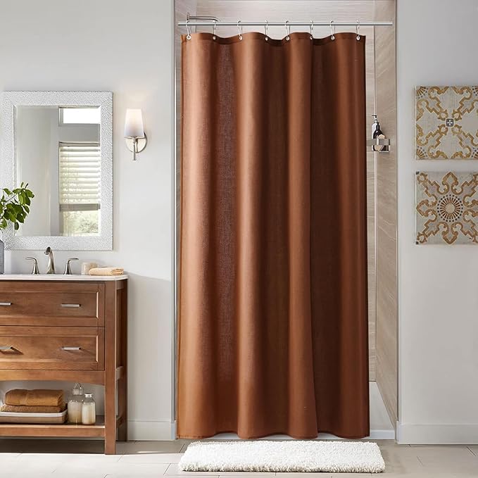 Naturoom Rustic Brown 42 Inch Shower Curtain - Stall Narrow Half Linen Ultra Thick Fabric Shower Curtain Set with Hooks, Boho Farmhouse Rustic RV Camper Bath Curtains for Bathroom, 42x72
