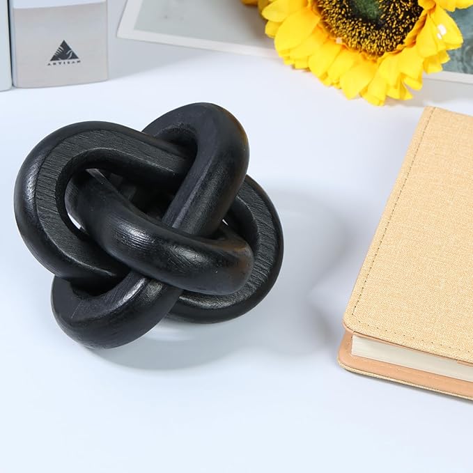 Wood Chain Link Decor 3 Link Wood Knot Decor Wood Knot Art Decorative Wooden Links Knots Rustic Wood Chain Link Decor for Living Room Bedroom Office Decorations (Black)