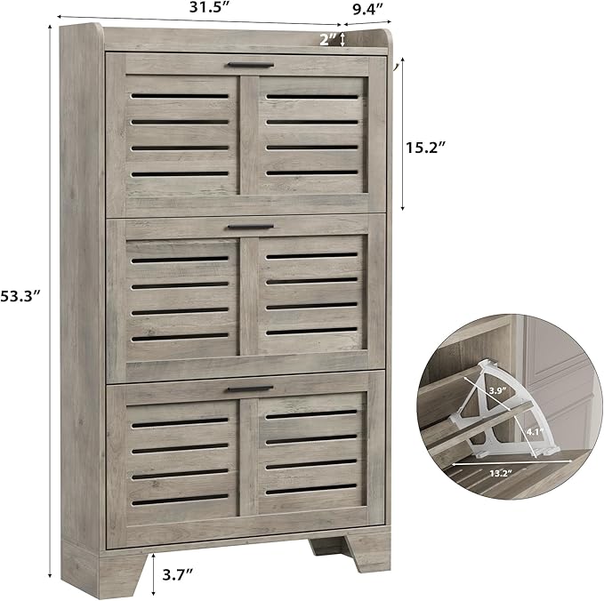 Garvee Shoe Storage Cabinet with 3 Flip Drawers, Freestanding Shoe Organizer Storage for Entryway with 2 Side Hooks, Farmhouse Hidden Slim Narrow Shoe Rack Cabinet, Gray