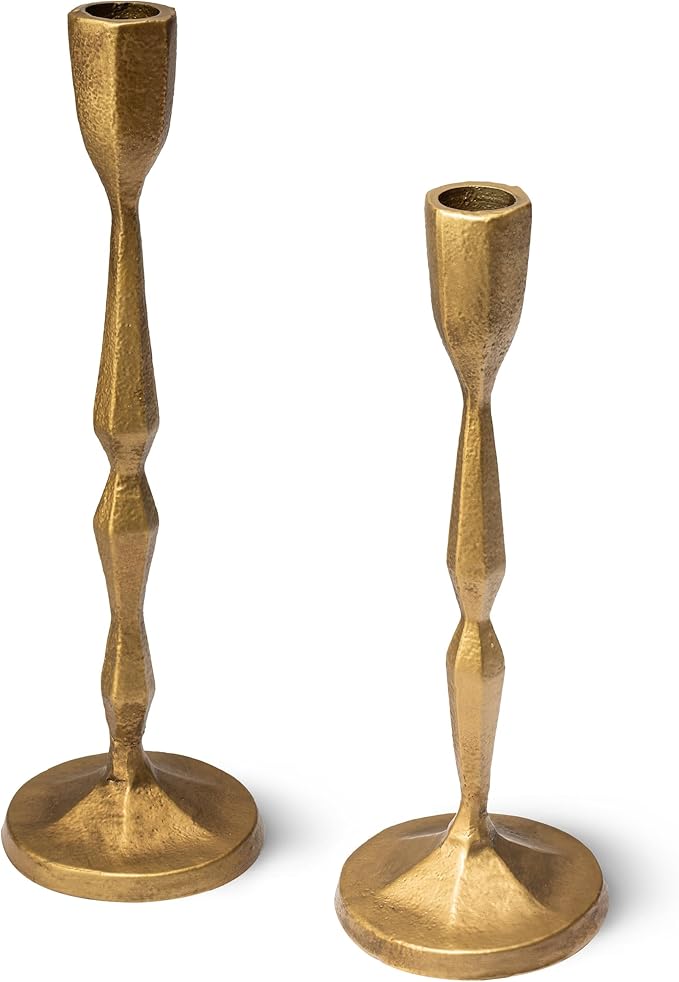 Antique Gold Candlestick Holders - Heavy Duty Cast Iron Candle Stick Holder Set of 2 - Unique Taper Candle Holder for Entryway, Table Decor or Housewarming Gift