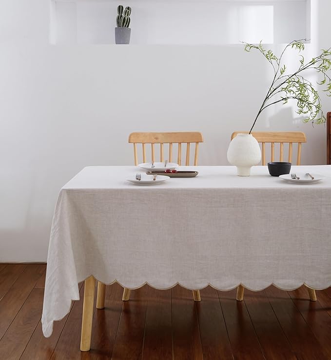 100% French Flax Linen Tablecloths Scalloped Embroidery Rectangle 144Lx60W Inch for Dinners, Parties, Spring, Machine Washable, 12-14 Sets, Linen(Edges-Gold)