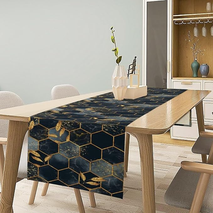 Marble Table Runner,Black Gray Gold Marble Texture Abstract Art Pattern Table Runner for Coffee Table Dining Room Table Bedroom Party Holiday Decor 13x72inch