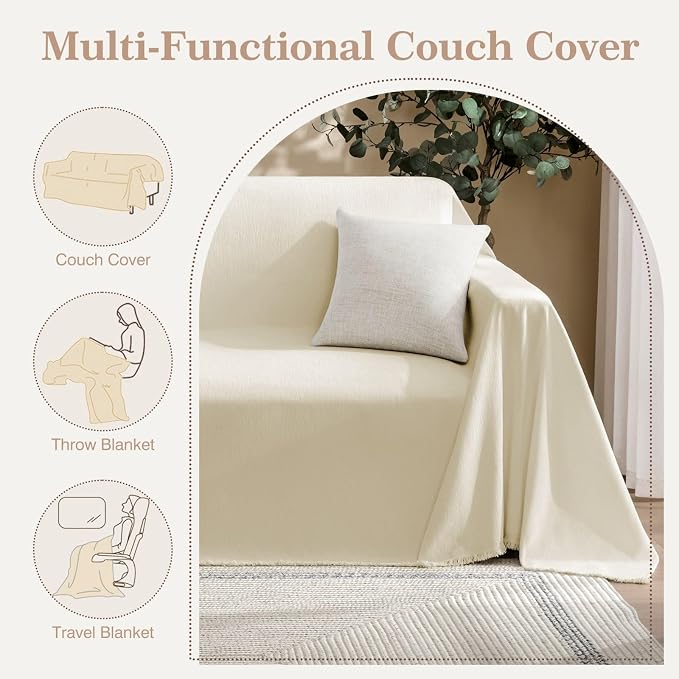 Couch Cover for Dogs Sectional Sofa Covers Washable for 2 Cushion Couch, Chenille Couch Cover Blanket, Sectional Sofa Slipcovers, Multi-Use Furniture Protector for Kids, Pets, 91" X134", Beige