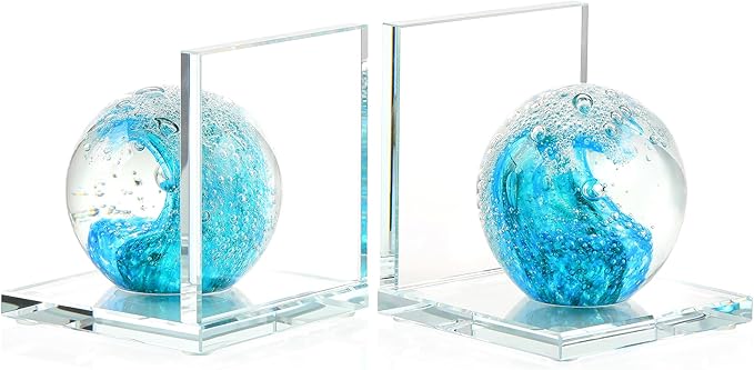 Book Ends for Shelves, Glass Bookends with Turquoise Crystal Hand Blown Sea Wave Ball, Non Skid Sturdy Glass Decorative Bookends for Ocean Lovers, Heavy Books, Office, Set of 2