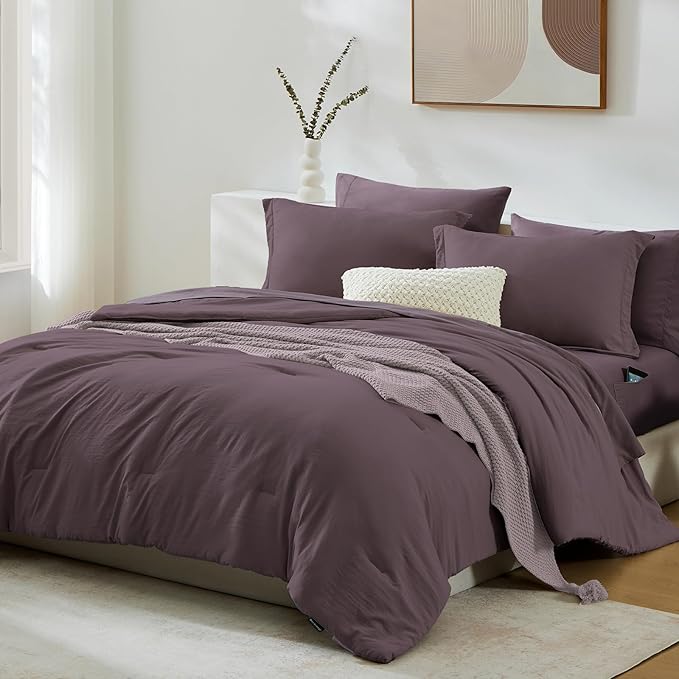 WRENSONGE Full Size Comforter Set- 7 Pieces Artic Plum Bed in a Bag Full Size Comforter with Fitted Sheet, Flat Sheet, 2 Pillow Shams, 2 Pillowcases, Warm Bedding Sets for All Season
