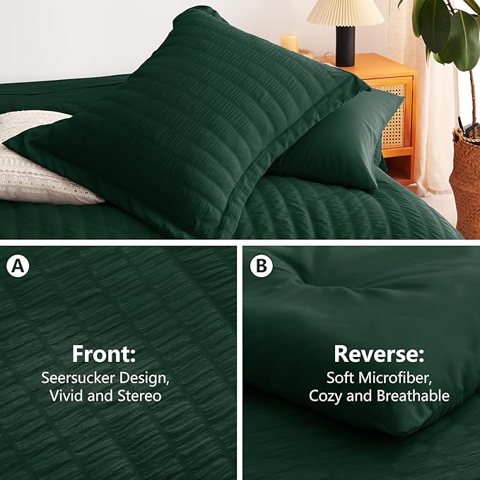 CozyLux California King Comforter Set with Sheets 7 Pieces, Emerald Green Seersucker Bed in a Bag Cal King Luxury Bedding Sets with Down Alternative Comforter, Sheets, Pillowcases & Shams All Seasons