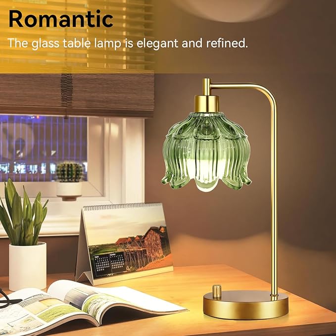 ILLMTW Glass Table Lamp Set of 2,Small Gold Bedside Lamps Dimmable Boho Bedroom Lamp with Tulip Flower Green Lamp Shade,Vintage Mid Century Modern Mini Nightstand Lamp for Bedroom Living Room